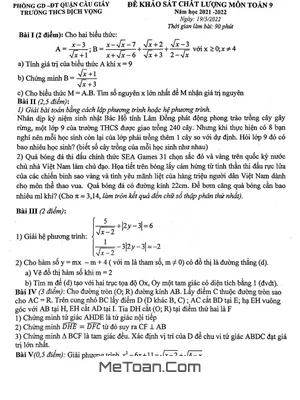 Đề khảo sát chất lượng Toán 9 năm 2021 - 2022 trường THCS Dịch Vọng - Hà Nội