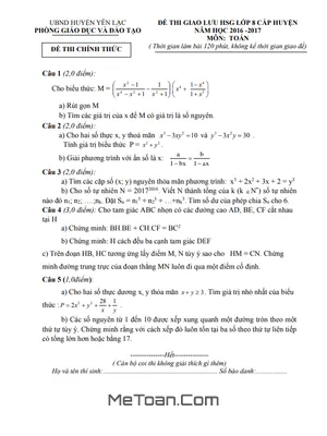 Đề Giao Lưu HSG Toán 8 Năm 2016 - 2017 Phòng GD&ĐT Yên Lạc - Vĩnh Phúc