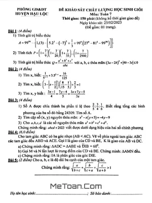 Đề thi học sinh giỏi Toán 7 năm 2022 - 2023 phòng GD&ĐT Hậu Lộc - Thanh Hóa
