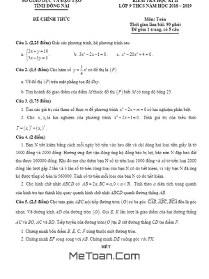 Đề thi học kì 2 Toán 9 năm học 2018 - 2019 sở GD&ĐT Đồng Nai