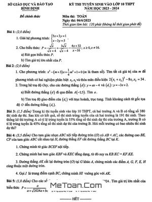 Đề thi tuyển sinh vào lớp 10 môn Toán năm 2023 - 2024 Sở GD&ĐT Bình Định