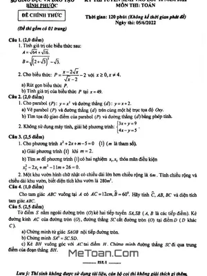 Đề thi Toán vào lớp 10 năm 2022 - Sở GD&ĐT Bình Phước