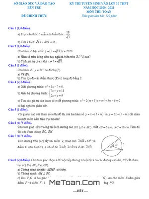 Đề thi tuyển sinh lớp 10 môn Toán năm 2020 - 2021 Sở GD&ĐT Bến Tre (Chung)