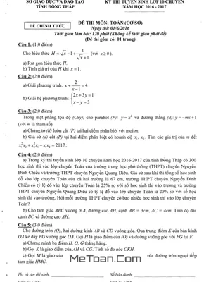 Đề thi tuyển sinh vào lớp 10 chuyên Toán năm 2016 - 2017 Sở GD&ĐT Đồng Tháp