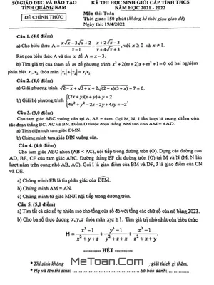 Đề thi học sinh giỏi tỉnh Toán THCS năm 2021 - 2022 Sở GD&ĐT Quảng Nam