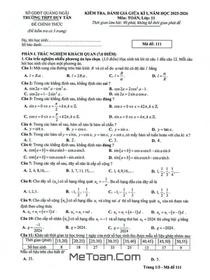 Tải Đề Thi Giữa Kì 1 Toán 11 Năm 2025 - 2026 THPT Duy Tân, Quảng Ngãi (Có Đáp Án)