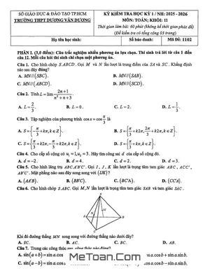 Đề thi học kỳ 1 Toán 11 năm 2025 – 2026 trường THPT Dương Văn Dương – TP.HCM