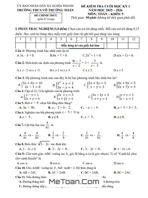 Đề Thi Cuối Học Kỳ 1 Toán 9 Năm 2025 - 2026 Trường THCS Võ Trường Toản - TP.HCM