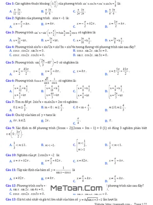 232 Bài Tập Trắc Nghiệm Hàm Số Lượng Giác Và Phương Trình Lượng Giác Có Đáp Án