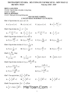 Đề Cương Ôn Tập HK2 Toán 12 Năm 2018 - 2019 Trường THPT Yên Hòa - Hà Nội