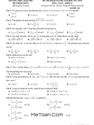 Đề thi khảo sát hè môn Toán 11 năm 2017-2018 trường THPT Trần Phú - Vĩnh Phúc