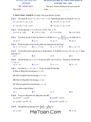 Đề Kiểm Tra Học Kỳ 1 Toán 10 Năm 2021 - 2022 Trường THPT Kim Liên - Hà Nội