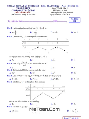 Đề Thi Cuối Kỳ 1 Toán 12 năm 2023 - 2024 Trường THPT Cao Bá Quát - Hà Nội