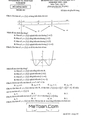 Đề thi HK1 Toán 12 năm học 2019 - 2020 sở GD&ĐT Nam Định