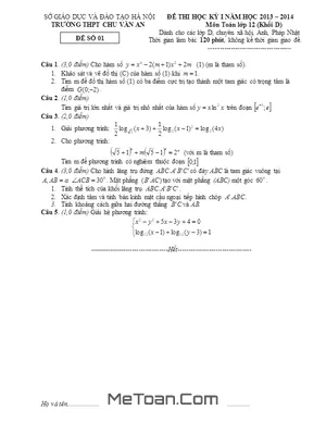 Đề thi HK1 lớp 12 môn Toán ban cơ bản trường Chu Văn An – Hà Nội năm 2013 - 2014