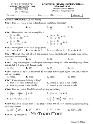 Đề thi giữa kỳ 1 Toán 11 năm 2021 - 2022 trường THPT Hướng Hóa - Quảng Trị