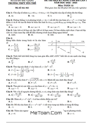 Đề Rèn Kỹ Năng Làm Bài Toán 12 Lần 1 Năm 2022 - 2023 THPT Yên Thế - Bắc Giang
