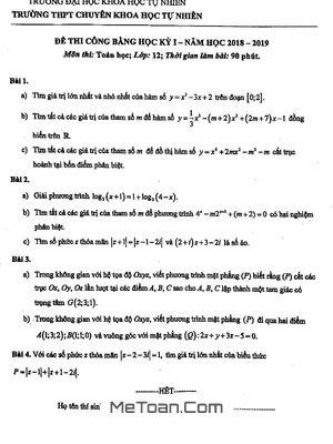 Đề thi công bằng học kỳ 1 Toán 12 năm học 2018 - 2019 trường THPT chuyên KHTN - Hà Nội