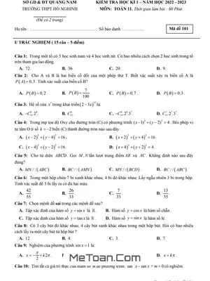 Đề Thi Cuối Kì 1 Toán 11 Năm 2022 - 2023 Trường THPT Hồ Nghinh - Quảng Nam