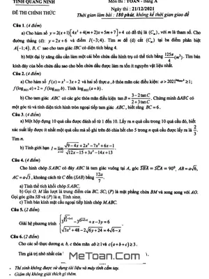 Đề thi chọn học sinh giỏi tỉnh Toán THPT năm 2021 - Sở GD&ĐT Quảng Ninh