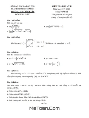 Đề thi học kì 2 Toán 11 năm 2019 - 2020 trường THPT Bình Tân - TP HCM có lời giải
