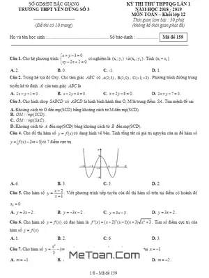 Đề thi thử THPT Quốc gia môn Toán 12 năm 2018 – 2019 trường Yên Dũng 3 – Bắc Giang lần 1
