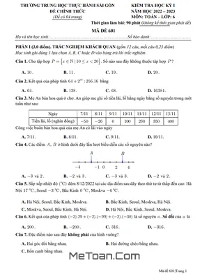 Đề thi học kỳ 1 môn Toán lớp 6 năm 2022 - 2023 trường TH Thực hành Sài Gòn