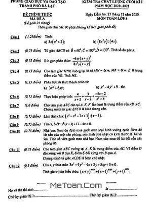 Đề thi HK1 Toán 8 năm 2020 - 2021 phòng GD&ĐT TP. Đà Lạt - Lâm Đồng