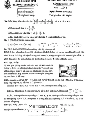 Đề Thi Giữa Học Kì 2 Toán 8 Năm 2022 - 2023 Trường THCS Giảng Võ - Hà Nội