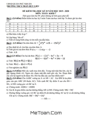 Đề kiểm tra học kỳ 2 Toán 7 năm 2019 - 2020 trường THCS Trần Huy Liệu - TP HCM