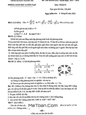 Đề thi khảo sát Toán 9 năm 2021 - 2022 phòng GD&ĐT Thanh Trì - Hà Nội