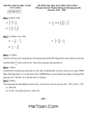 Đề thi học kì 2 Toán lớp 6 năm 2019 - 2020 trường THCS Cửu Long - TP.HCM (có đáp án)