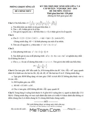 Đề thi HSG Toán 8 cấp huyện năm 2015 - 2016 phòng GD&ĐT Sông Lô - Vĩnh Phúc