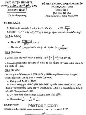 Đề thi học sinh giỏi Toán 7 năm 2021 - 2022 phòng GD&ĐT Thanh Trì - Hà Nội