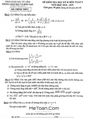 Đề thi HK2 Toán 9 năm 2018 – 2019 phòng GD&ĐT Bắc Từ Liêm – Hà Nội