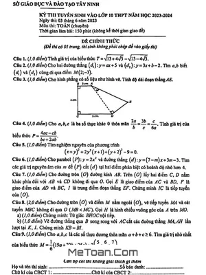 Đề thi tuyển sinh lớp 10 môn Toán (chuyên) năm 2023 - 2024 Sở GD&ĐT Tây Ninh