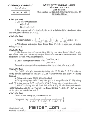 Đề thi tuyển sinh lớp 10 môn Toán năm 2020 - 2021 Sở GD&ĐT Hải Dương
