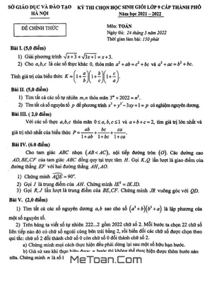 Đề thi học sinh giỏi Toán 9 năm học 2021 - 2022 sở GD&ĐT Hà Nội