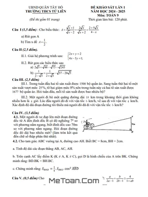 Đề khảo sát chất lượng lần 1 Toán 9 năm 2024 - 2025 trường THCS Tứ Liên - Hà Nội