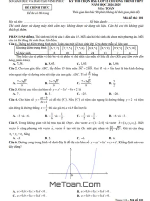 Đề chọn học sinh giỏi Toán 12 THPT năm 2024 - 2025 sở GD&ĐT Vĩnh Phúc