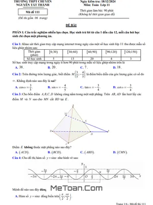 Đề Thi Cuối Kỳ 1 Toán 11 Năm 2024 - 2025 Trường Chuyên Nguyễn Tất Thành - Kon Tum