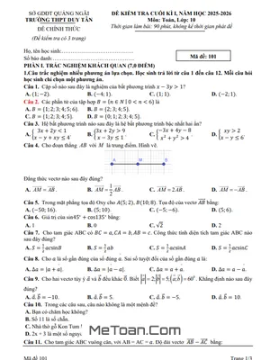 Đề thi cuối học kỳ 1 Toán 10 năm 2025 – 2026 THPT Duy Tân – Quảng Ngãi