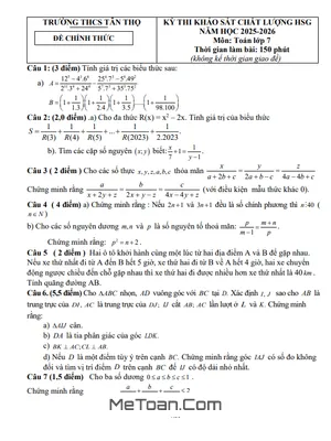 Đề khảo sát HSG Toán 7 năm 2025 – 2026 trường THCS Tân Thọ – Thanh Hóa