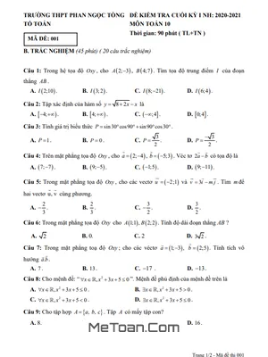 Đề thi HK1 Toán 10 năm 2020 - 2021 trường THPT Phan Ngọc Tòng - Bến Tre [Có đáp án]
