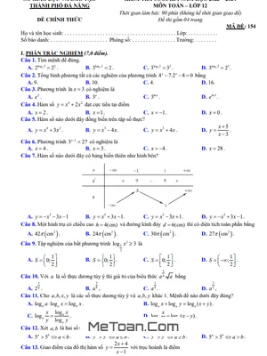 Đề thi thử Toán 12 cuối kì 1 năm 2023 - 2024 sở GD&ĐT Đà Nẵng - Có đáp án