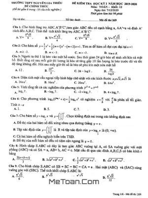 Đề thi thử HKI Toán 12 năm 2019 – 2020 trường Nguyễn Gia Thiều – Hà Nội