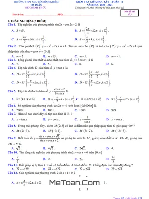 Đề kiểm tra giữa HK1 Toán 11 năm 2020 - 2021 trường Nguyễn Bỉnh Khiêm - Gia Lai
