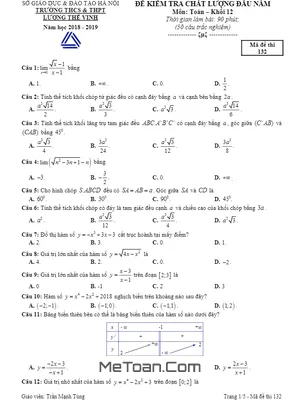 Đề kiểm tra chất lượng đầu năm Toán 12 trường Lương Thế Vinh - Hà Nội năm 2018 - 2019