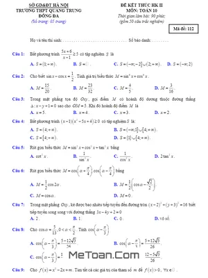 Đề Thi HK2 Toán 10 Năm 2019 - 2020 Trường THPT Quang Trung - Hà Nội