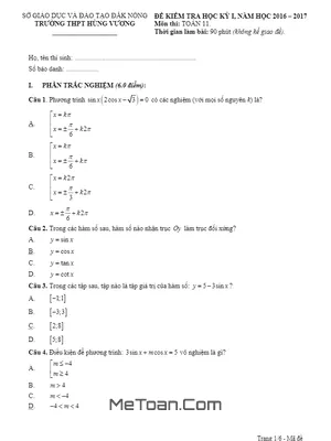 Đề thi HK1 Toán 11 năm học 2016 - 2017 trường THPT Hùng Vương - Đắk Nông